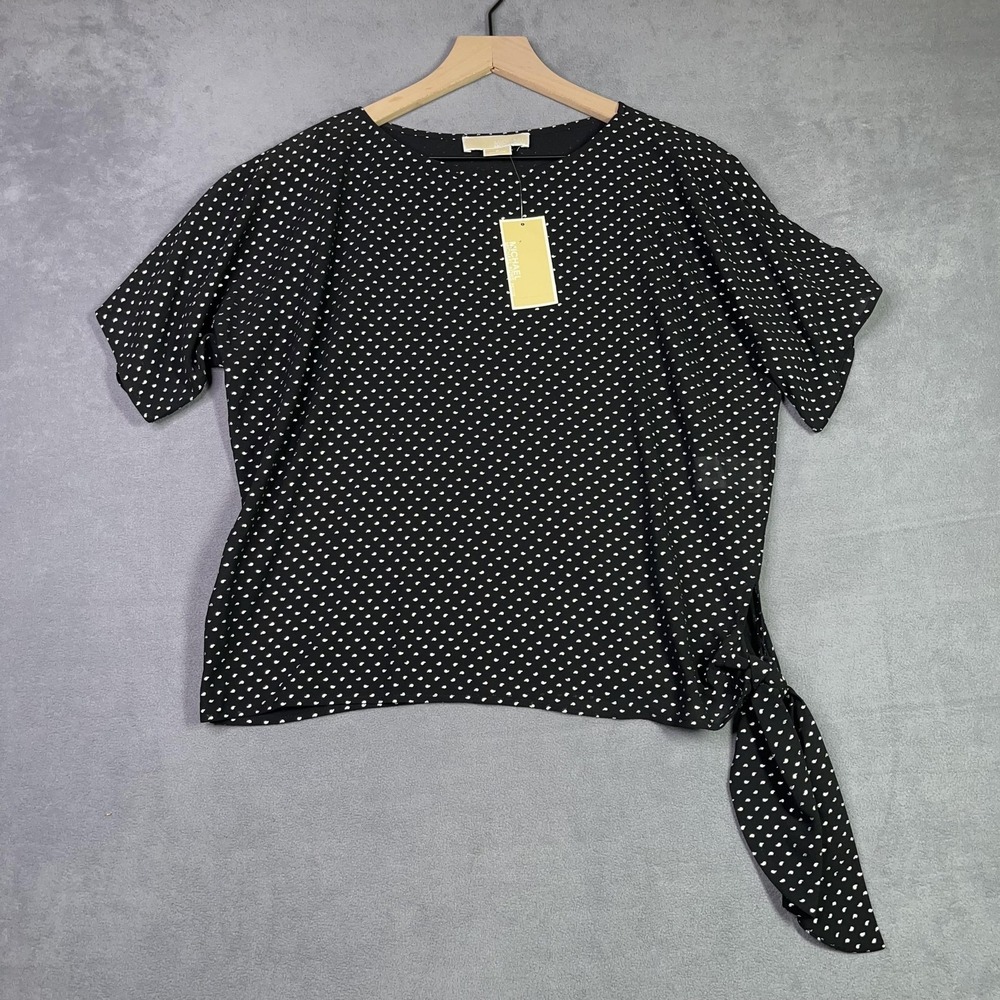 MICHAEL Kors Side Tie Metallic Paisley Dot Black Silver Top Petite XS P NWT